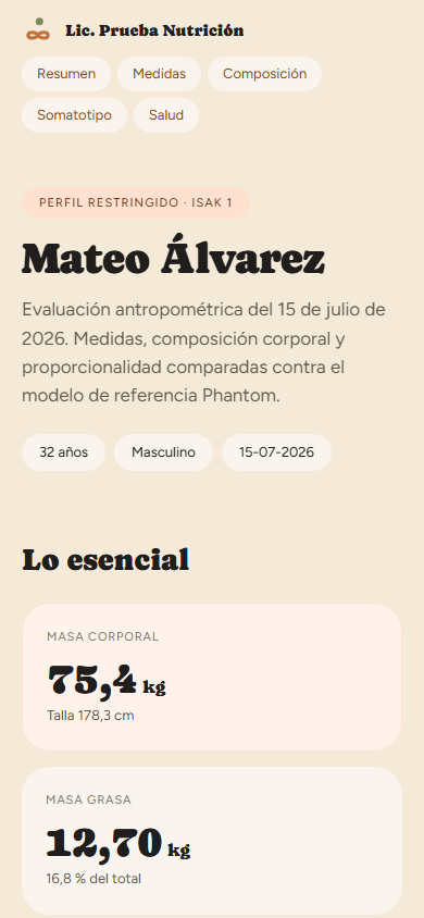El informe de antropometría como lo ve el paciente en su celular: masa corporal, masa grasa y composición