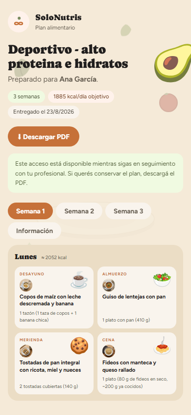 El plan alimentario como lo ve el paciente en su celular: semanas, comidas con porciones y descarga en PDF