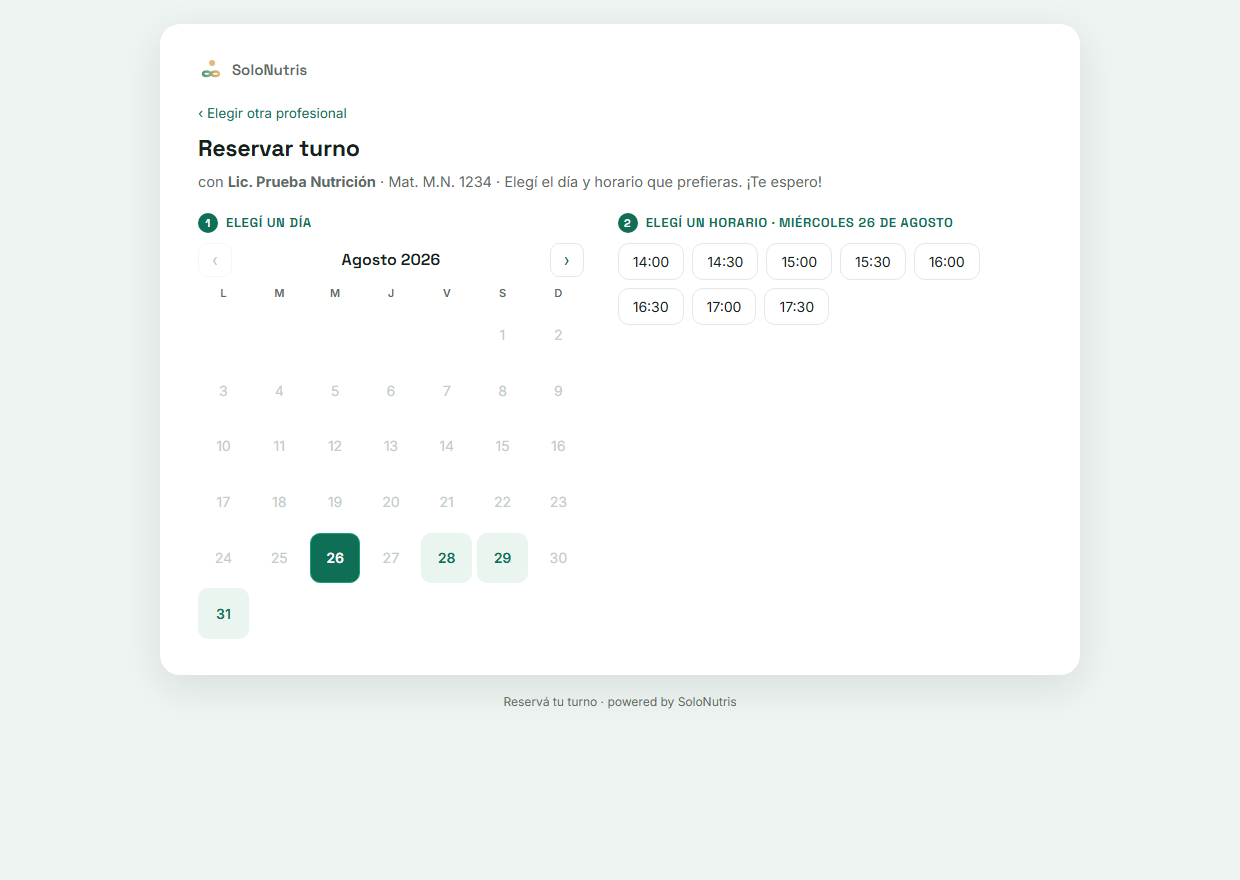 La página pública de reservas de SoloNutris: el almanaque del mes con los días y horarios disponibles para pedir turno